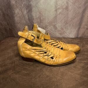 Latige Leather Woven Huarache Ankle Strap Sandals Mini Heel Yellow Women's 6M